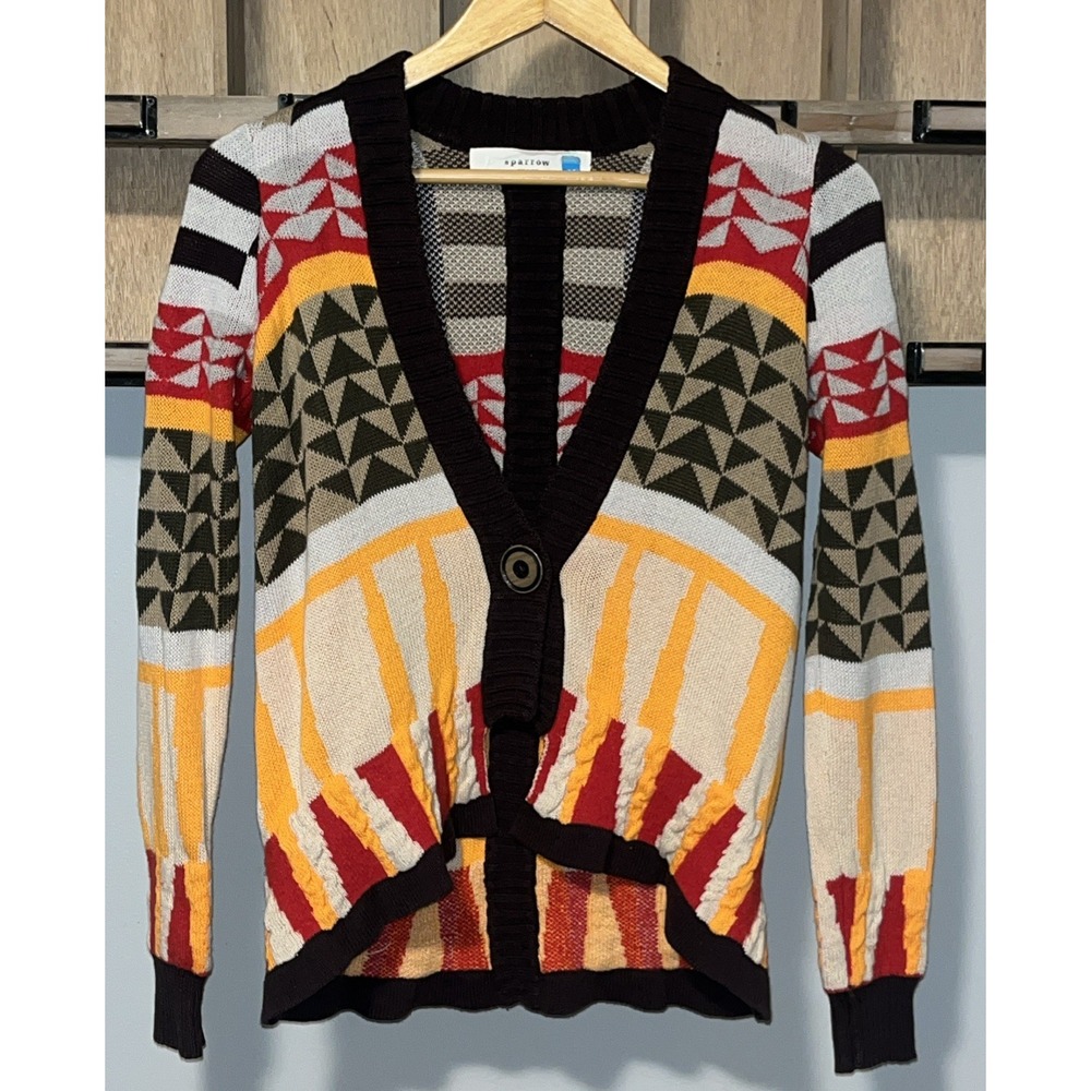 Anthropologie Wool Blend Sparrow Cardigan Sweater Women's M Geometric‎ Brown Red